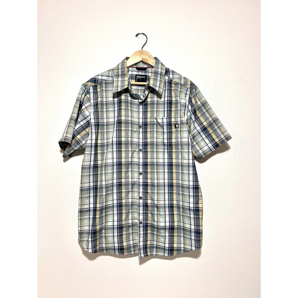 Marmot Shirt Men XL Blue Yellow Plaid Button Down Breathable Active Short Sleeve